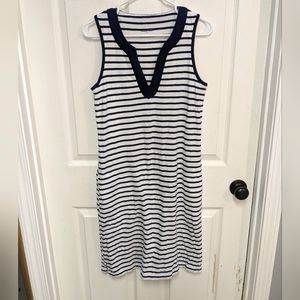 Lands' End Sleeveless cotton dress Nautical navy & white striped v-neck Small